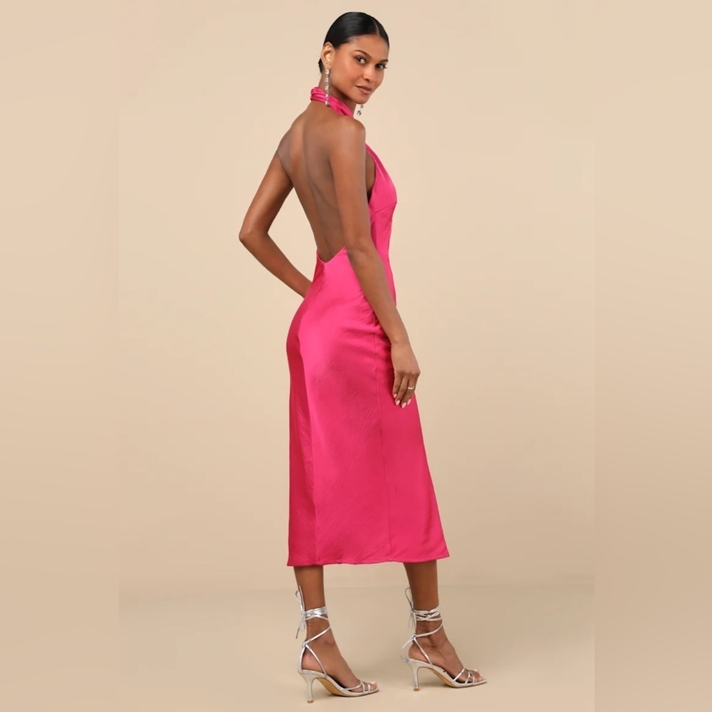 Lulus Beyond Classy Hot Pink Satin Halter Midi Dress - Picture 3 of 7